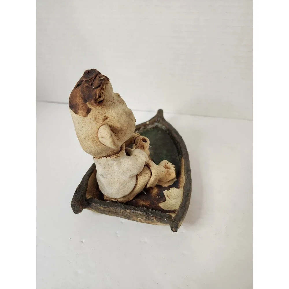Vintage Korean Clay Pottery Figurine Boy Fishing